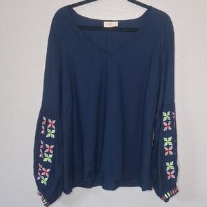 Girl Soul Women Pullover Blouse Blue Neon Multicolor Embroidered V-neck OX 14-16